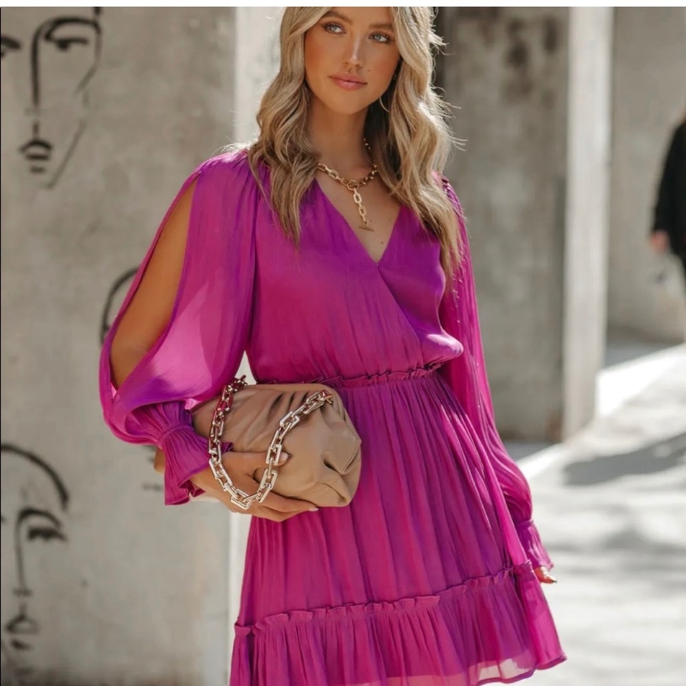 VICI - Nathalia Satin Ruffle Dress - Magenta XL